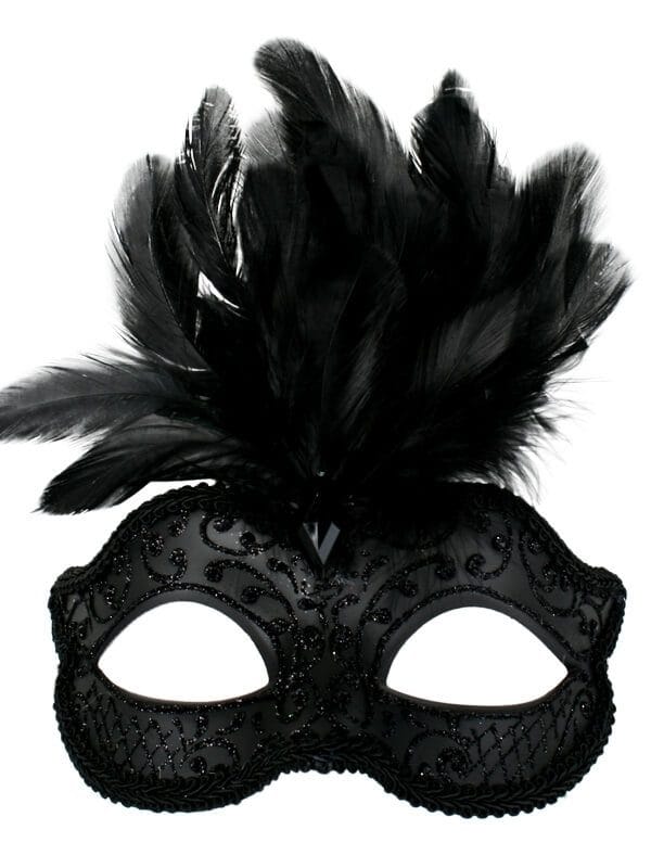 Black Glitter Face Eye Mask with Feathers