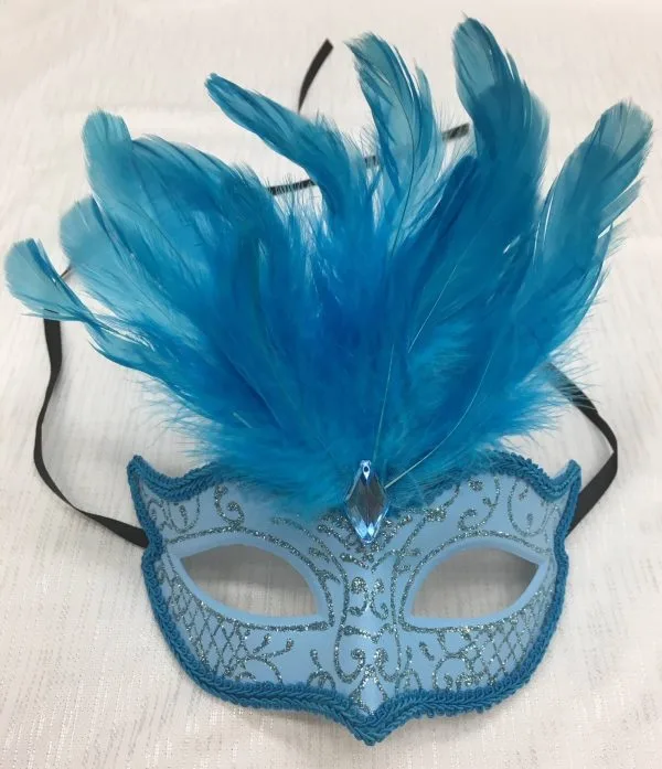 Pale Blue Glitter Face Eye Mask with Feathers