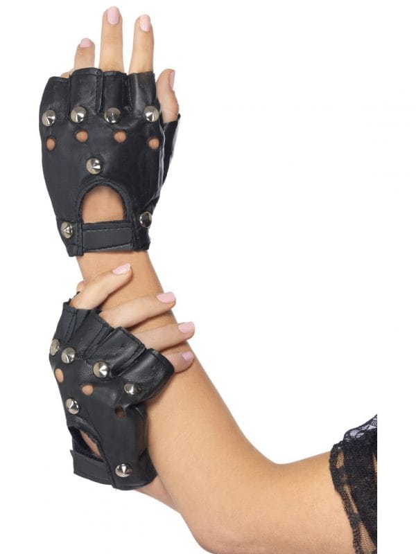 Punk Gloves Fingerless Studded Faux Leather Biker 80s Retro Gothic Accessory