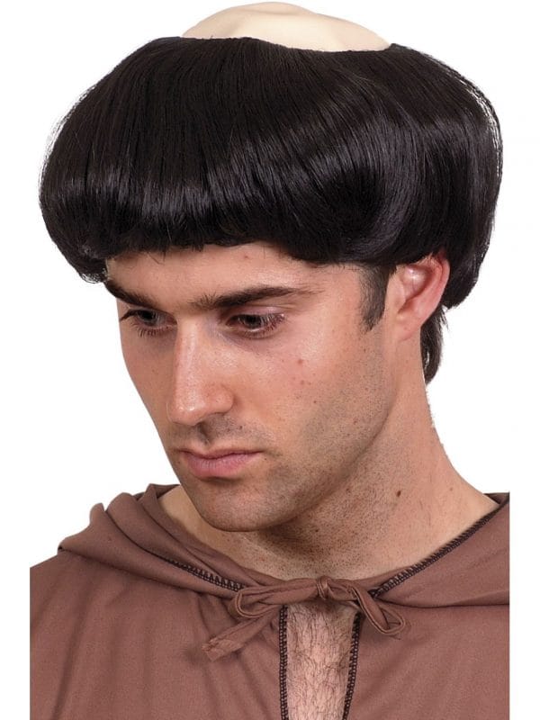 Monk Wig Bald Spot Black Hair Mens Medieval Priest Religious Friar Tuck