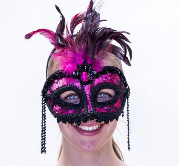 Pink and Black Face Eye Mask Feathers and Beads Venetian Masquerade - image IM-057A-600x556 on https://www.abracadabrafancydress.com.au