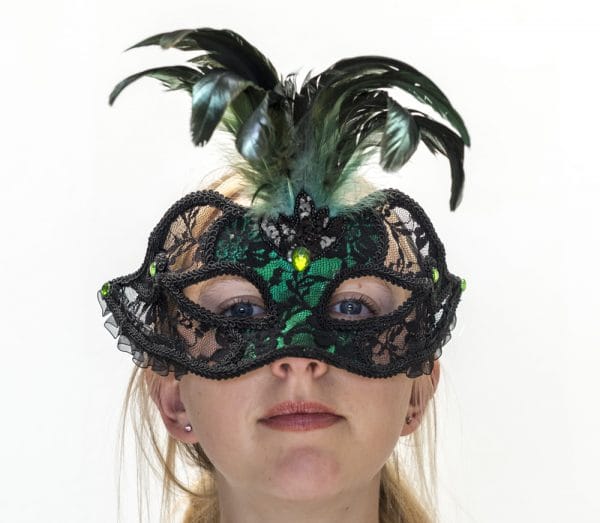 Green and Black Face Eye Mask Feathers Venetian Masquerade - image ME149A-600x523 on https://www.abracadabrafancydress.com.au