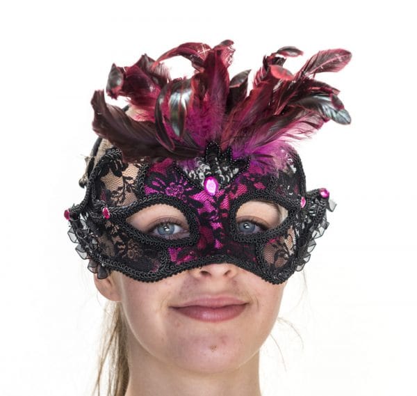 Pink and Black Face Eye Mask Feathers Venetian Masquerade - image ME151A-600x569 on https://www.abracadabrafancydress.com.au