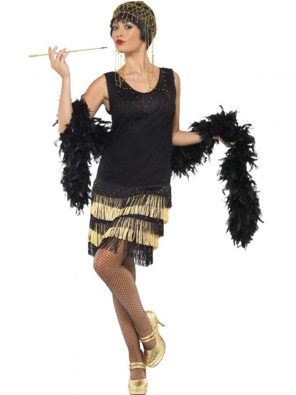 1920's Fringed Flapper Costume Gatsby Charleston Black Gold Fringing Dress - image 33676_0-600x800 on https://www.abracadabrafancydress.com.au