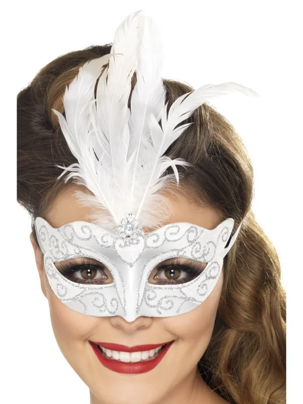 Silver Glitter Face Eye Mask Feathers Venetian Masquerade Ball - image  on https://www.abracadabrafancydress.com.au