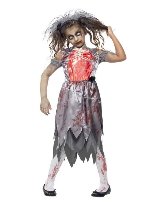 Zombie Bride Grey Girl Costume Corpse Child Teen Halloween Scary Horror Bloody - image  on https://www.abracadabrafancydress.com.au