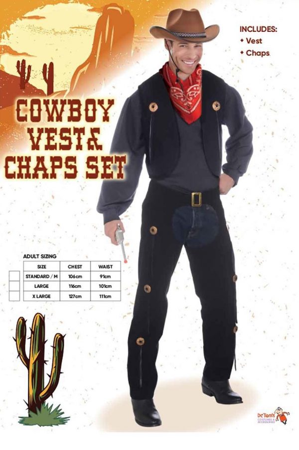 Cowboy Costume Black Chaps Vest Wild West Western Gunslinger Buffalo Bill - image D21258_1-600x904 on https://www.abracadabrafancydress.com.au