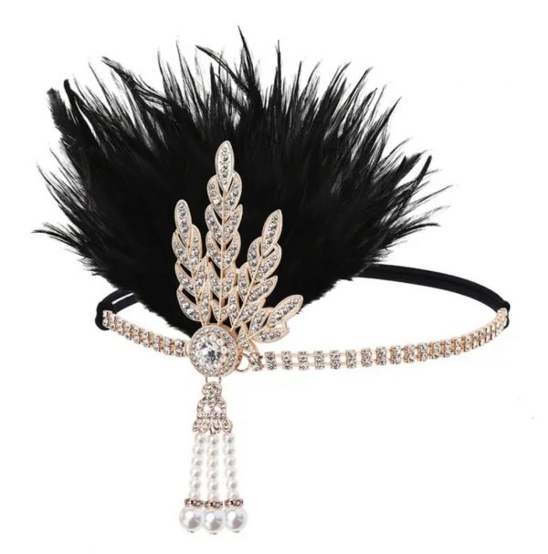 1920's Deluxe Gold Black Flapper Headpiece Headband With Faux Feather And Faux Pearl Pendant Gatsby Charleston 20s - image IMG_9423-600x607 on https://www.abracadabrafancydress.com.au