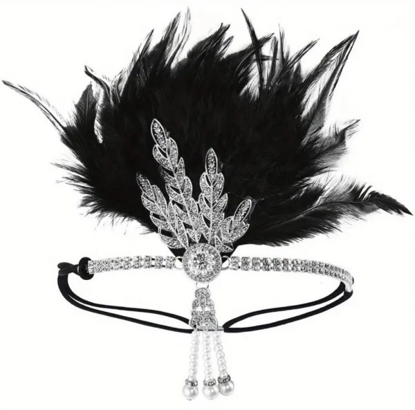 1920's Deluxe Silver Black Flapper Headpiece Headband With Faux Feather And Faux Pearl Pendant Gatsby Charleston 20s - image IMG_9424-600x593 on https://www.abracadabrafancydress.com.au