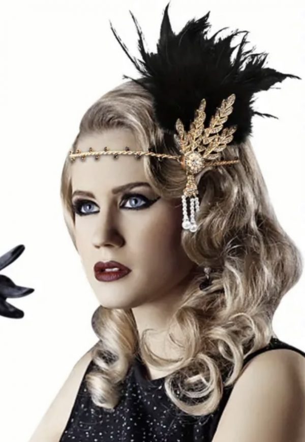 1920's Deluxe Gold Black Flapper Headpiece Headband With Faux Feather And Faux Pearl Pendant Gatsby Charleston 20s - image IMG_9695-600x868 on https://www.abracadabrafancydress.com.au