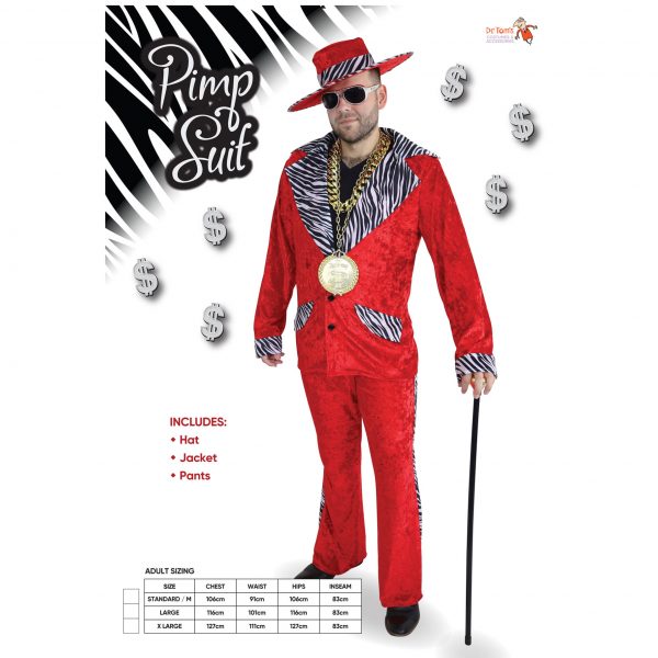 Red Pimp Suit Costume Zebra Jacket Gangster Disco Hip Hop 70s 1920's ...