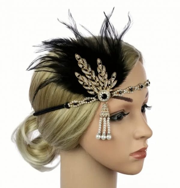 1920's Deluxe Gold Black Flapper Headpiece Headband With Faux Feather And Faux Pearl Pendant Gatsby Charleston 20s - image IMG_9692-600x626 on https://www.abracadabrafancydress.com.au