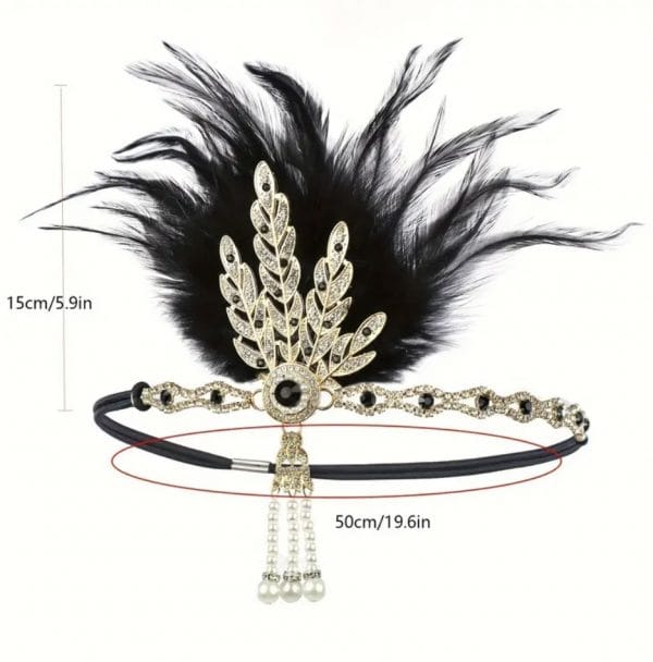 1920's Deluxe Gold Black Flapper Headpiece Headband With Faux Feather And Faux Pearl Pendant Gatsby Charleston 20s - image IMG_9693-600x608 on https://www.abracadabrafancydress.com.au