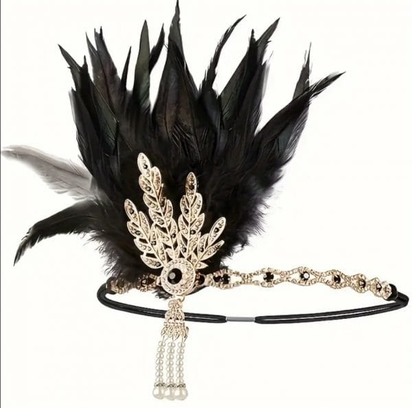 1920's Deluxe Gold Black Flapper Headpiece Headband With Faux Feather And Faux Pearl Pendant Gatsby Charleston 20s - image IMG_9694-600x594 on https://www.abracadabrafancydress.com.au