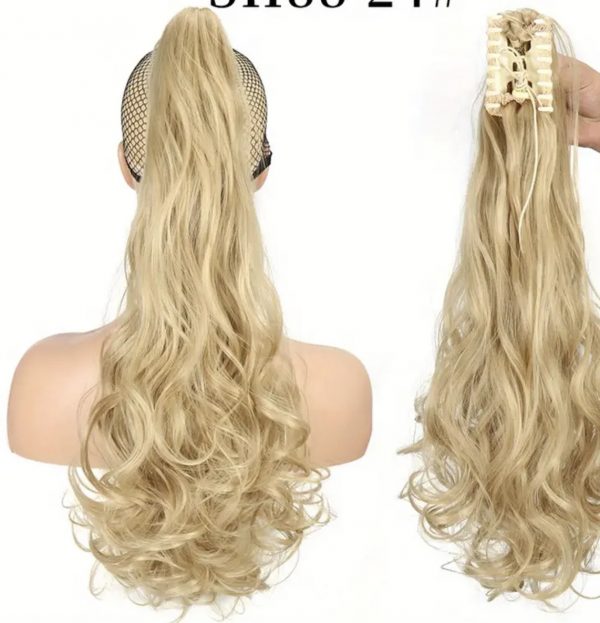 Long Wavy Ponytail Blonde Extensions 56cm Claw Clip In Synthetic Hair Piece Wig - image IMG_9707-1-600x623 on https://www.abracadabrafancydress.com.au